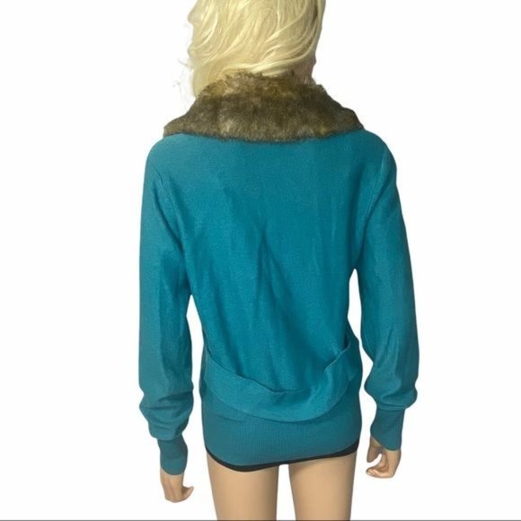 CAbi Tearoom Cardigan w/faux fur collar removable Medium Teal Green EUC - Picture 3 of 14